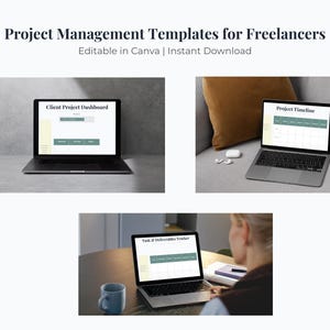 Könnte beinhalten: Bild mit Projektmanagement-Vorlagen für Freiberufler. Drei Laptops zeigen Projekt-Dashboards und Zeitpläne. Der Text "Project Management Templates for Freelancers" und "Editable in Canva | Instant Download" sind sichtbar.