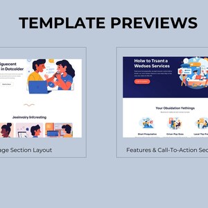 May include: Image of two website template previews. The first shows a homepage layout with illustrations of people. The second displays features and call-to-action sections with similar illustrations. Text includes "TEMPLATE PREVIEWS" and other phrases.