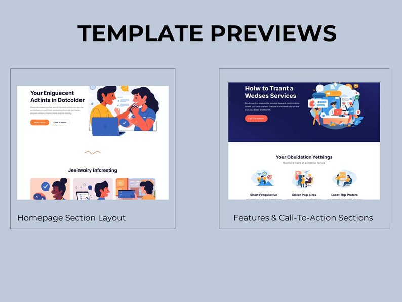 May include: Image of two website template previews. The first shows a homepage layout with illustrations of people. The second displays features and call-to-action sections with similar illustrations. Text includes "TEMPLATE PREVIEWS" and other phrases.
