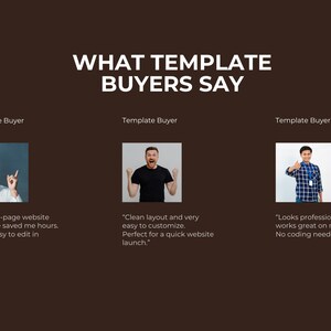 May include: A brown graphic with the text "WHAT TEMPLATE BUYERS SAY" in white. Three images of people with quotes about a website template: "This one-page website template saved me hours. Super easy to edit in Canva."