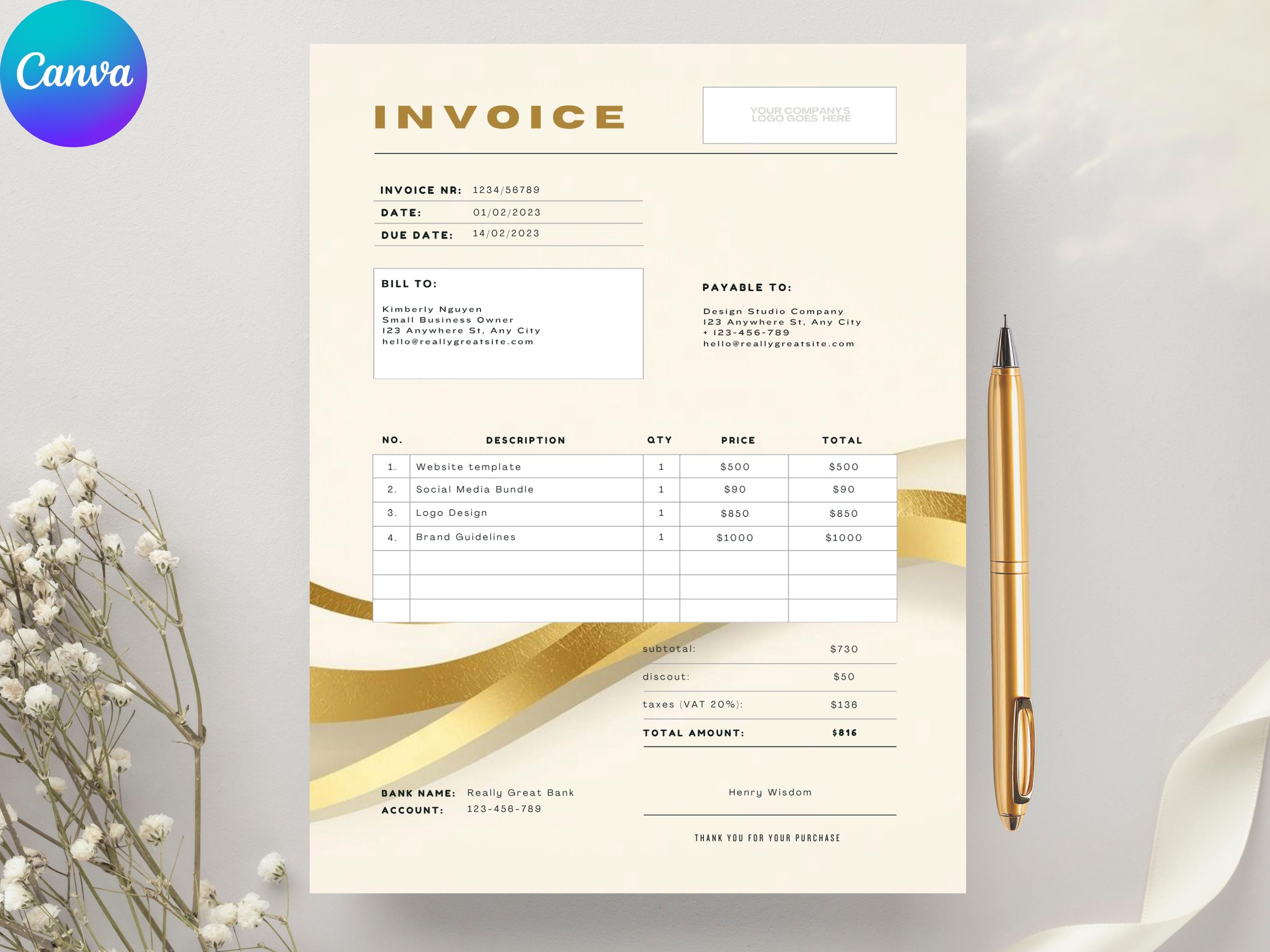 Editable Invoice Template | Printable Minimalist Invoice Form for ...