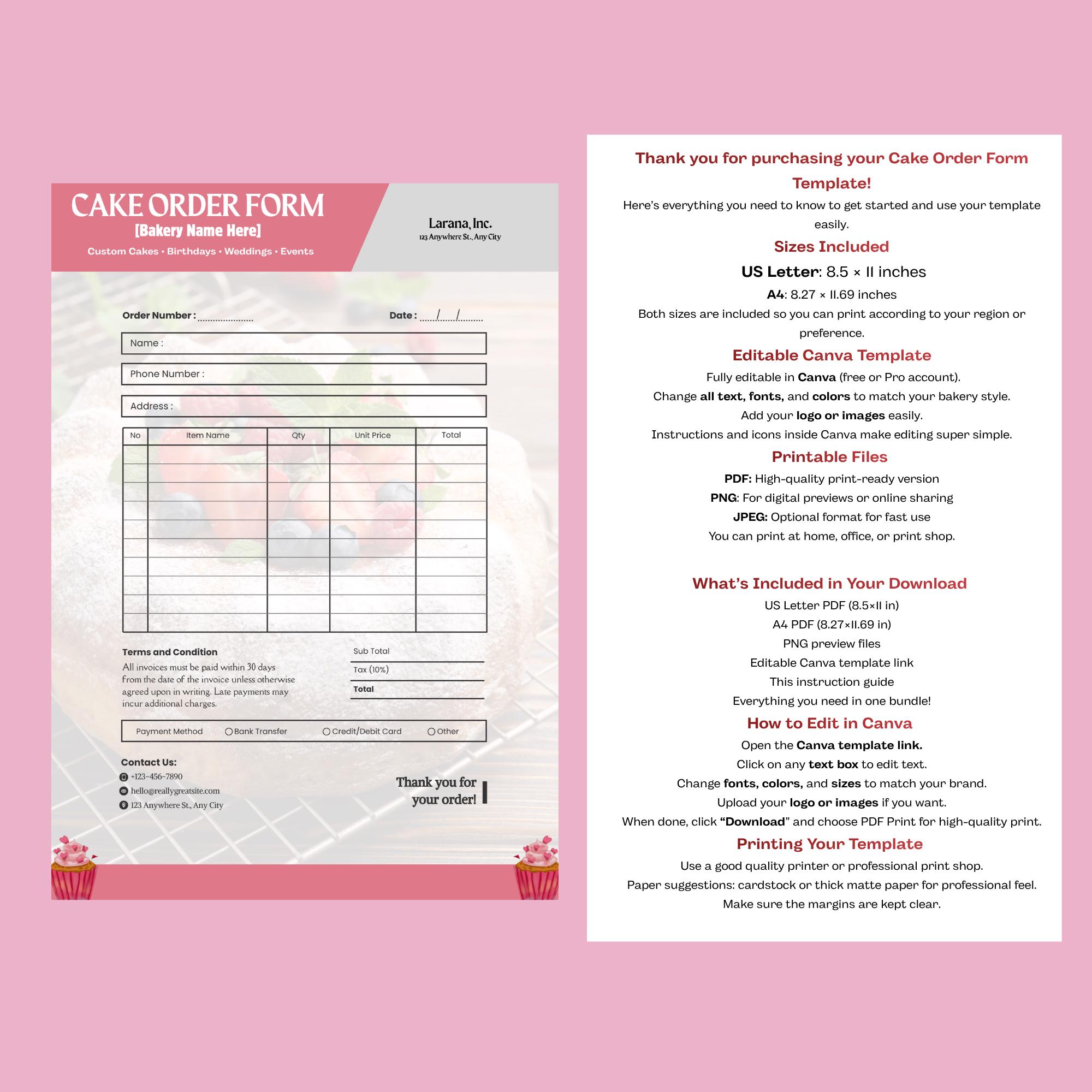 Cake Order Form Template | Editable Canva | Printable Bakery Download ...