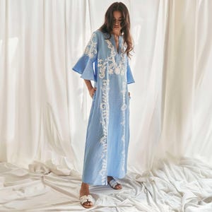 Pastel Blue Linen Embroidered Kaftan, Boho Maxi, Bell Sleeve, Resort Wear | Mariposa Long Kaftan
