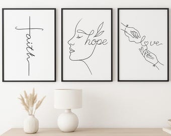 Faith Hope Love Christian Art Prints: Minimalist Scripture Wall Decor (Digital Download)