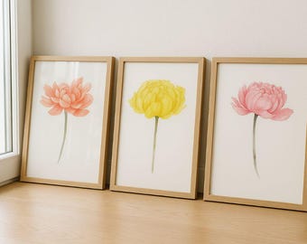 Peony Wall Art Bundle: Coral, Yellow & Pink Floral Prints (Digital Download)
