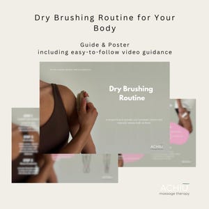 Könnte beinhalten: Ein Leitfaden und Poster mit dem Titel "Dry Brushing Routine for Your Body" mit leicht verständlicher Videoanleitung. Das Bild zeigt eine Person, die ihren Körper trocken bürstet. Der Leitfaden enthält den Text "Dry Brushing Routine" und "ACHIU massage therapy".