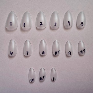 以下が含まれることがあります： 透明な楕円形のつけ爪12個のコレクション。各爪には0から11までの番号とサイズ2.5が付けられています。爪は明るい色の表面に並べられています。番号は黒インクで書かれています。