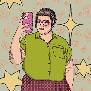 May include: Digital illustration of a person with elf-like ears taking a selfie with a pink phone case. The person wears a green button-down shirt, a maroon skirt, and glasses. The background features star and geometric shapes.