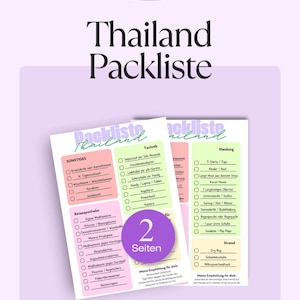 Puede incluir: Una lista de verificación PDF digital titulada "Thailand Packliste" en alemán, con secciones para ropa, tecnología y elementos esenciales de viaje. El documento está sobre un fondo morado claro con un gráfico circular que dice "2 Seiten".