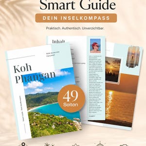 Könnte beinhalten: Ein Reiseführer mit dem Titel "Koh Phangan Smart Guide" mit einem Strandfoto auf dem Cover. Der Reiseführer enthält Informationen zu lokalen Tipps, Aktivitäten, Yoga-Retreats und Vollmondpartys. Der Reiseführer hat 49 Seiten.