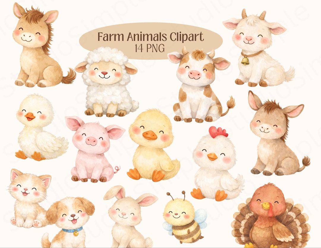 Farm Animals Clip Art, Cute Watercolor 14 PNG Bundle With Transparent ...