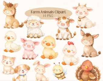 Farm animals clip art, cute watercolor 14 PNG bundle with transparent background ( Instant download)