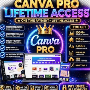 May include: A digital graphic advertisement for Canva Pro lifetime access featuring a gold crown, a laptop, a tablet, and a smartphone displaying the interface. Text includes CANVA PRO LIFETIME ACCESS, ONE TIME PAYMENT, and lists of features.