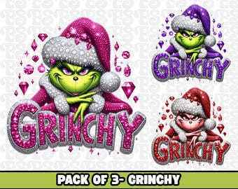 Grinchy strass jul PNG, glittriga clipart, paket med tre, diamant jultomtehatt Grinchen PNG