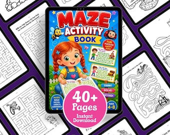Druckbares Labyrinth-Buch für Kinder, 46 Seiten, einfach bis schwer, Beschäftigungsbuch PDF, Sofort-Download, lustige Denkspiele, 4-10 Jahre