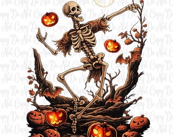 Dancing Skeleton Halloween PNG, Vintage Skeleton Pumpkin PNG, Spooky Halloween Shirt Design, Sublimation, DTF Transfer