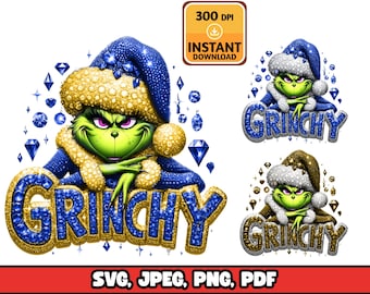 Grinchy strass jul PNG, glittriga Grinchen clipart, trepack, diamant jultomtehatt PNG