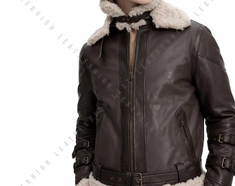 Women’s Brown Shearling Leather Jacket, Goatskin Winter Coat with Faux Fur Lining, Aviator Bomber Style Warm Jacket Christmas Gift for Her