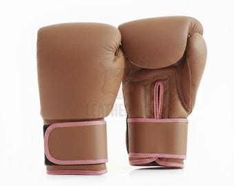 Handmade Brown Leather Boxing Gloves with pink borders | Customized Training Gloves, Women Kickboxing Gloves, boxing Gloves Gift for her