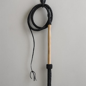 Handcrafted Black Leather Bullwhip with Carved Wood Handle – 6ft | Western Style Whip for Costume, Performance, or Collection