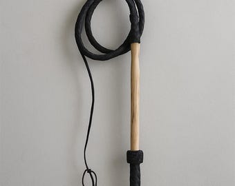 Handcrafted Black Leather Bullwhip with Carved Wood Handle – 6ft | Western Style Whip for Costume, Performance, or Collection