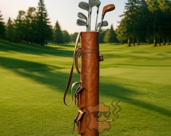 Handmade Retro Vintage Leather Golf Bag with dual Pockets and adjustable Shoulder Strap - Customized leather Golf Bag gift for Golfers Dad