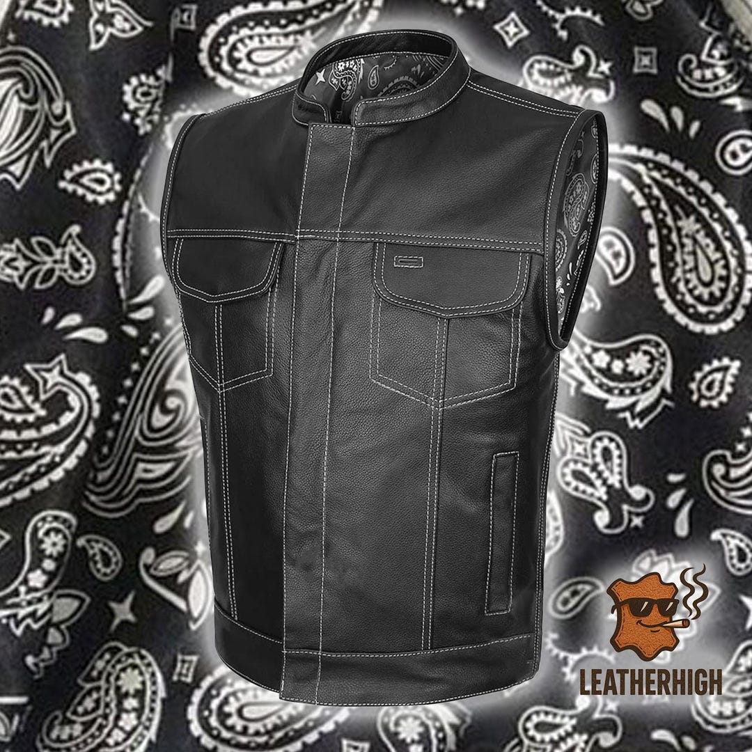 Handmade Black Leather Motorcycle Club Vest With Printed Lining ...