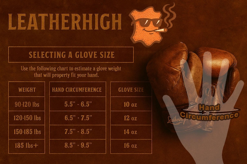 May include: A glove size chart from Leatherhigh, showing glove sizes based on weight and hand circumference. Sizes range from 10 oz to 16 oz. The image includes a cartoon leather patch with sunglasses and a cigar. Measurements are in inches and pounds.