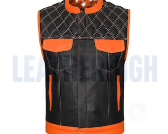 Handmade Black Leather Motorcycle Club Vest with Orange Contrast - Customized Club Vest with Printed Lining, MC Club Vest, MC Club Vest Gift