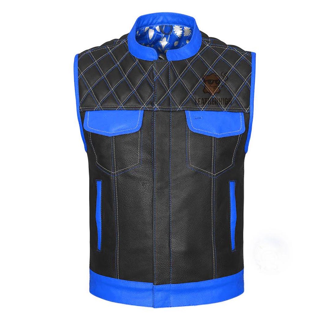 Handmade Black Leather Motorcycle Club Vest With Blue Contrast ...