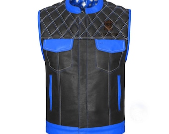 Handmade Black Leather Motorcycle Club Vest with Blue Contrast - Customized Club Vest with Printed Lining, MC Club Vest, MC Club Vest Gift