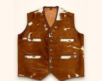 Handmade Hair-On Cowhide Leather Vest – Western Style Brown & White Cow Print Waistcoat for Men, Vintage Rodeo Outfit, Cowboy Party Attire