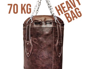 Saco de boxeo de cuero vintage hecho a mano de 70 kg con cadena para colgar incluida - Saco de boxeo de 1,37 metros, saco de boxeo pesado para gimnasio, saco de arena pesado personalizado
