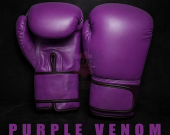 May include: Two vivid purple boxing gloves displayed on a black background. The gloves have a streamlined design with reinforced wrist straps. The text "PURPLE VENOM" is displayed in a matching purple font.