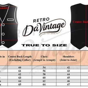 May include: Black vest with white trim, three buttons, and a chest pocket. The image includes a size chart with measurements in centimeters for chest, shoulders, and waist. The brand logo "Retro DaVintage" is also visible.