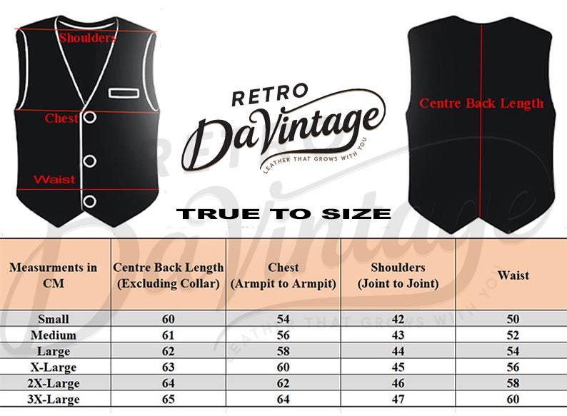 May include: Black vest with white trim, three buttons, and a chest pocket. The image includes a size chart with measurements in centimeters for chest, shoulders, and waist. The brand logo "Retro DaVintage" is also visible.