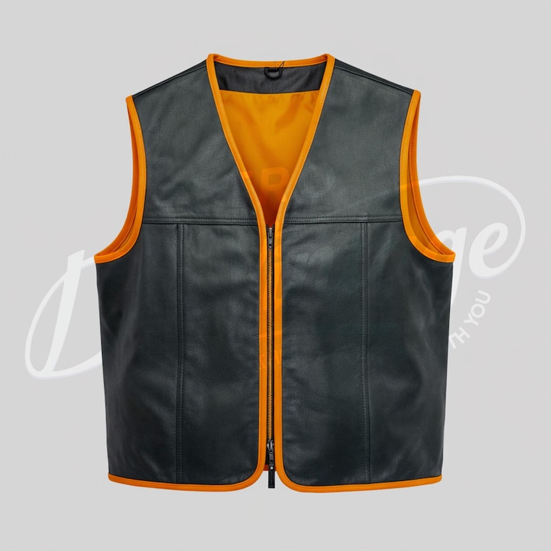 May include: Black leather vest with orange trim and lining. The vest has a V-neck, a full-length zipper, and two front pockets. The orange trim outlines the edges of the vest, creating a striking contrast against the black leather.