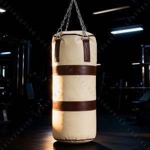 Könnte beinhalten: Cremefarbener Boxsack mit braunen Lederakzenten und einer Kette zum Aufhängen. Die Tasche hat zwei braune Bänder und braune Lederriemen oben. Die Tasche hängt in einem Fitnessstudio.