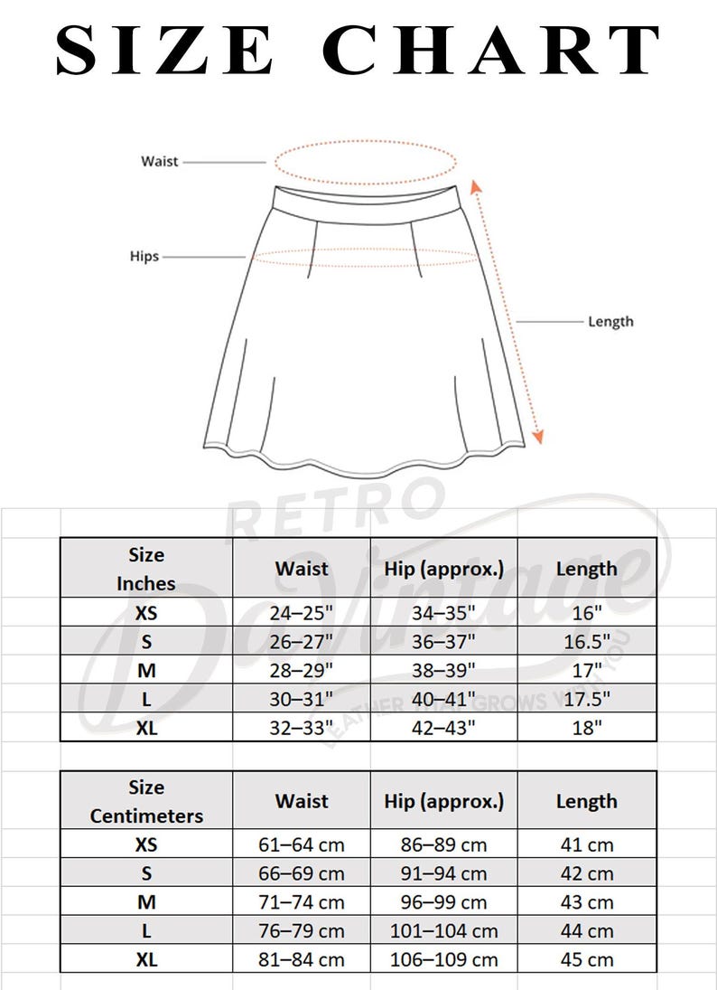 Puede incluir: Tabla de tallas para una falda, con medidas en pulgadas y cent&iacute;metros. La tabla incluye medidas de cintura, cadera y largo para las tallas XS a XL. El texto "SIZE CHART" est&aacute; en la parte superior.