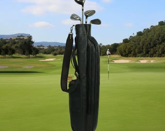 Borsa da golf in pelle nera con stampa coccodrillo realizzata a mano – Borsa da golf di lusso per la domenica, supporto da golf personalizzato, regalo per golfisti, regalo per papà