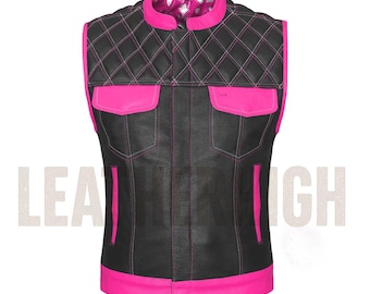 Womens Black Leather Motorcycle Club Vest with Pink Contrast - Customized Club Vest with Printed Lining, MC Club Vest, MC Club Vest Gift