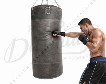 Saco de boxeo de cuero gris retro, hecho a mano, de 90 kg, para entrenamiento en gimnasio. Saco de boxeo de cuero gris, regalo para boxeadores.