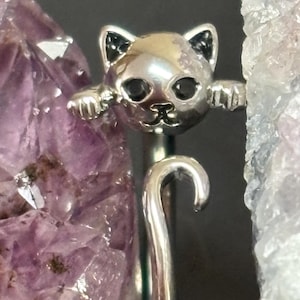 May include: A silver-colored cat-shaped jewelry piece with black accents. The cat's head is detailed with eyes, ears, and a nose. The tail curves gracefully. The jewelry is set against a backdrop of purple and white crystals.