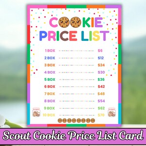 Puede incluir: Una colorida tarjeta de "Cookie Price List" con un borde rosa y un fondo verde, azul y naranja. La tarjeta enumera los precios de las cajas de galletas, ilustraciones de galletas y el texto "Scout Cookie Price List Card".