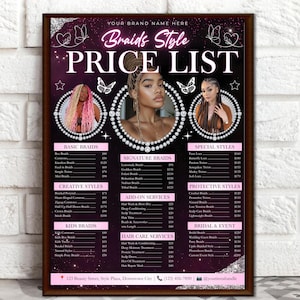 Editable Braids Price List Template, Hair Stylist Service Menu, Canva Salon Pricing Flyer, Printable Beauty Business Digital Download