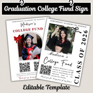 May include: Two white rectangular graduation college fund signs featuring photos of a graduate in a cap and gown. The text reads Northwest Academy of Science, Madison's College Fund, and Class of 2026. Each sign includes a QR code and text.