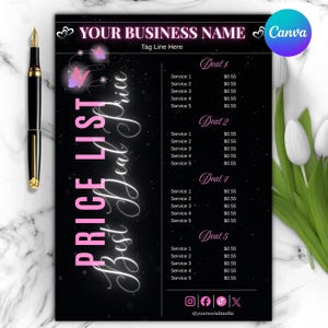 以下が含まれることがあります： 黒とピンクの価格リストテンプレート。筆記体で「PRICE LIST Best Deal Price」と書かれています。テンプレートにはサービスと価格のセクションがあり、上部に会社名が記載されています。