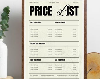 Beauty Salon Price List Template, Editable Canva Service Menu, Spa Pricing Sheet