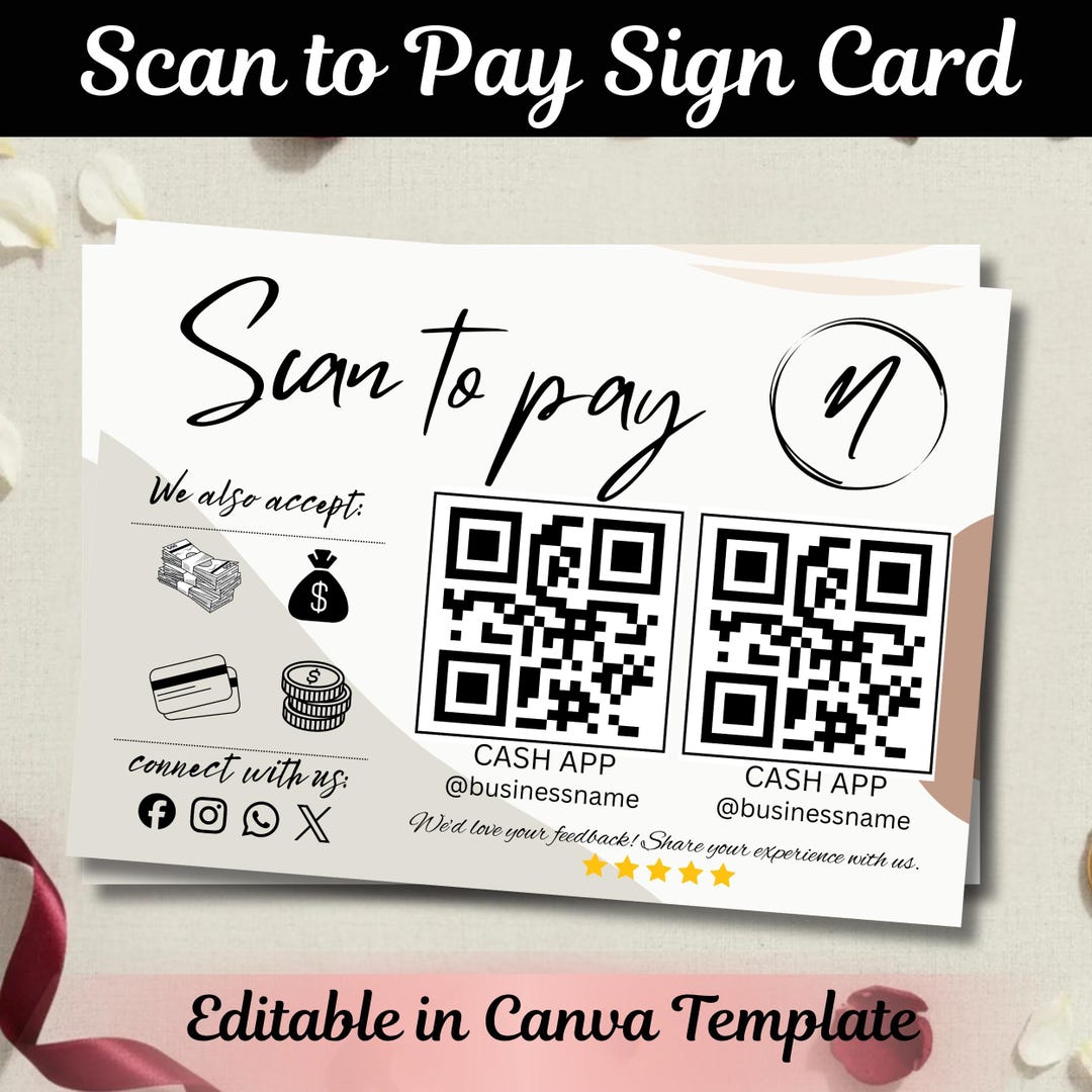Editable Scan to Pay Sign Canva Template, QR Code Payment Sign, Cash ...