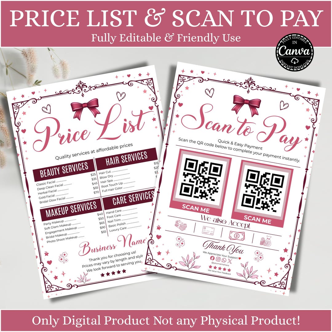 Editable Canva Price List Template & Scan to Pay Sign, QR Code Payment ...
